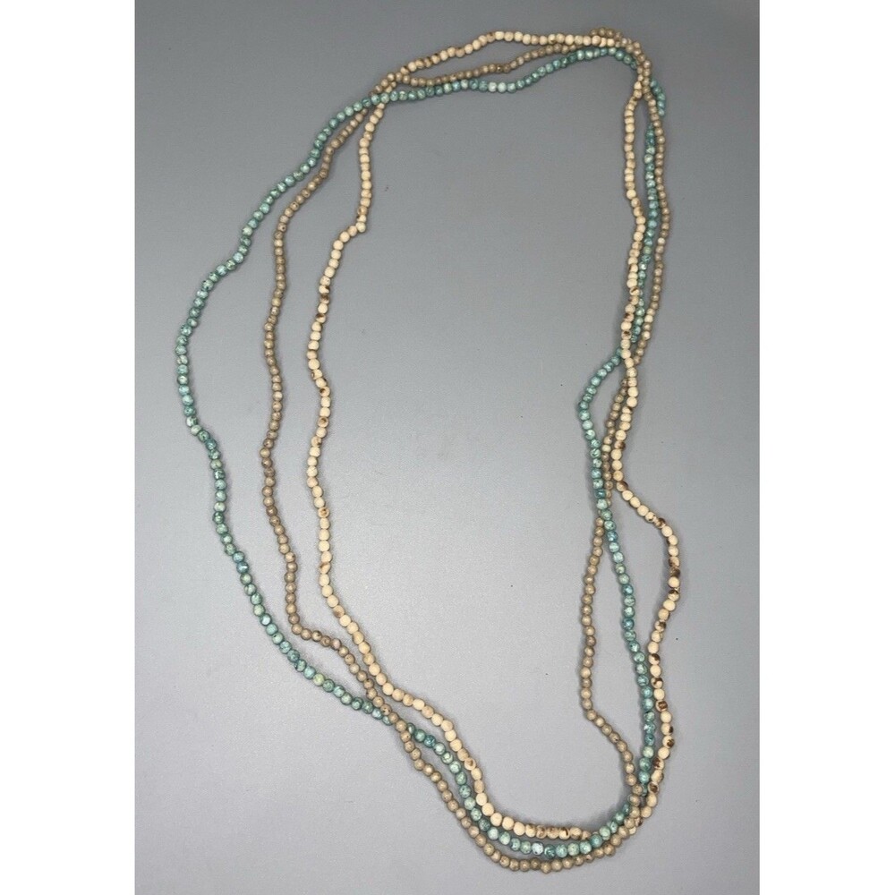 Vtg Stone Bead Layer Necklace 17" Long Three Separate Strands Beige Blue Boho
